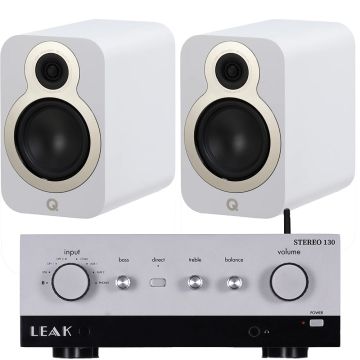 LEAK Stereo 130 Integrated Amplifier with Q Acoustics 3030c Speakers-Satin WhiteSilver-Silver
