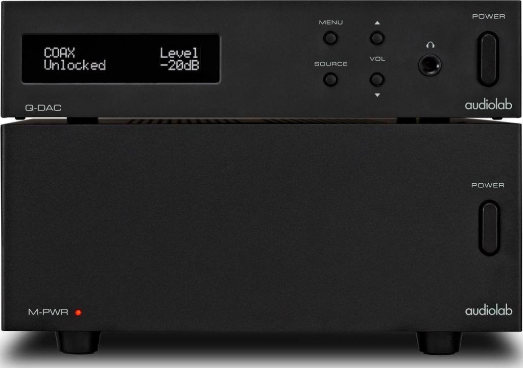 An M-DAC and M-PWR from Audiolab, ready to be connected to some speakers to provide a complete "hi-fi" desktop audio solution!